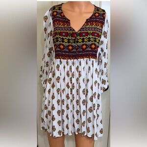 Umgee Boho Babydoll Dress Colorful Tribal Print Long Sleeve Flowy Medium
